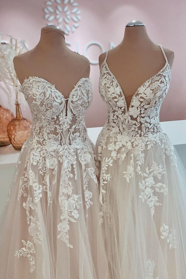 Long A-Line Tulle Lace Appliques Backless Wedding Dress-showprettydress