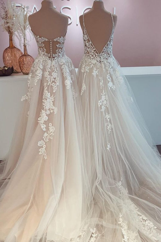 Long A-Line Tulle Lace Appliques Backless Wedding Dress-showprettydress
