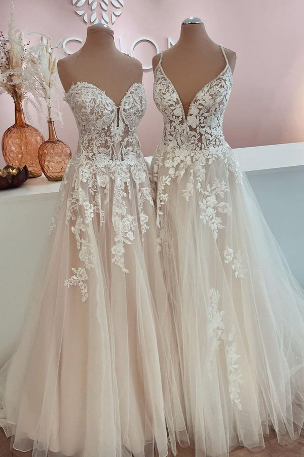 Long A-Line Tulle Lace Appliques Backless Wedding Dress-showprettydress