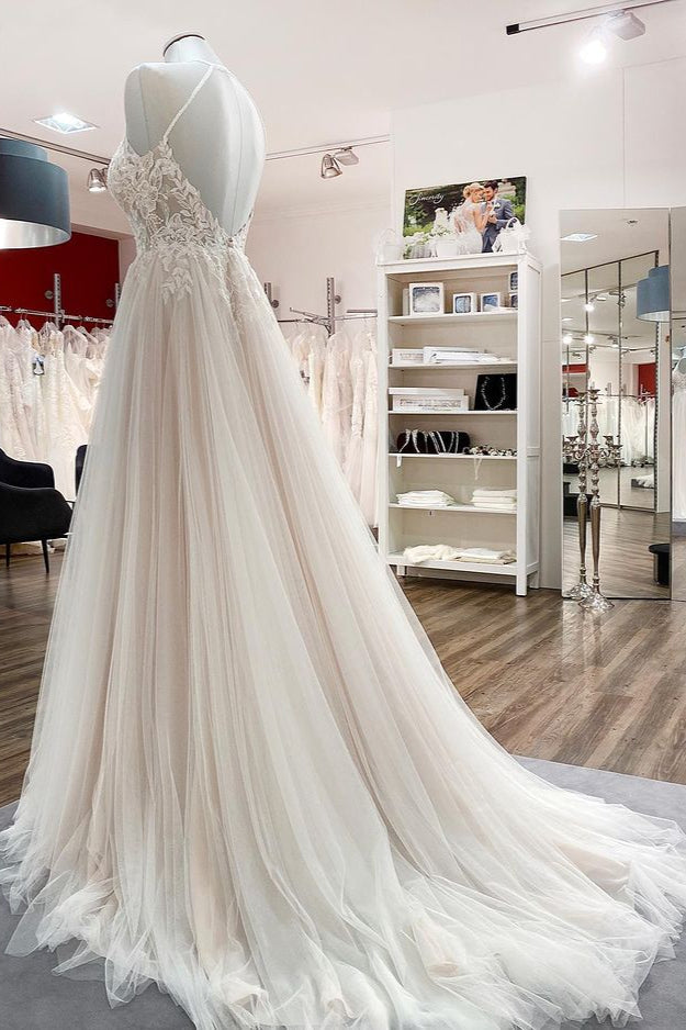 Long A-line Tulle Open Back Halter Sleeveless Lace Wedding Dresses-showprettydress