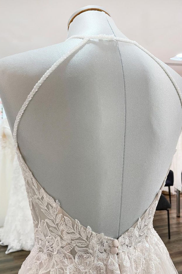 Long A-line Tulle Open Back Halter Sleeveless Lace Wedding Dresses-showprettydress
