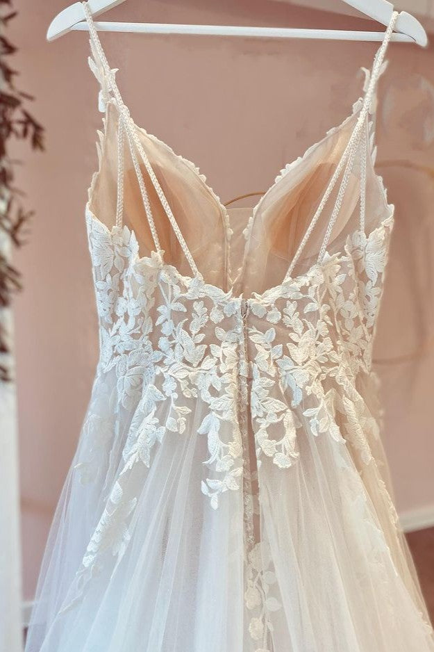 Long A-Line Tulle Sweetheart Appliques Lace Wedding Dress-showprettydress
