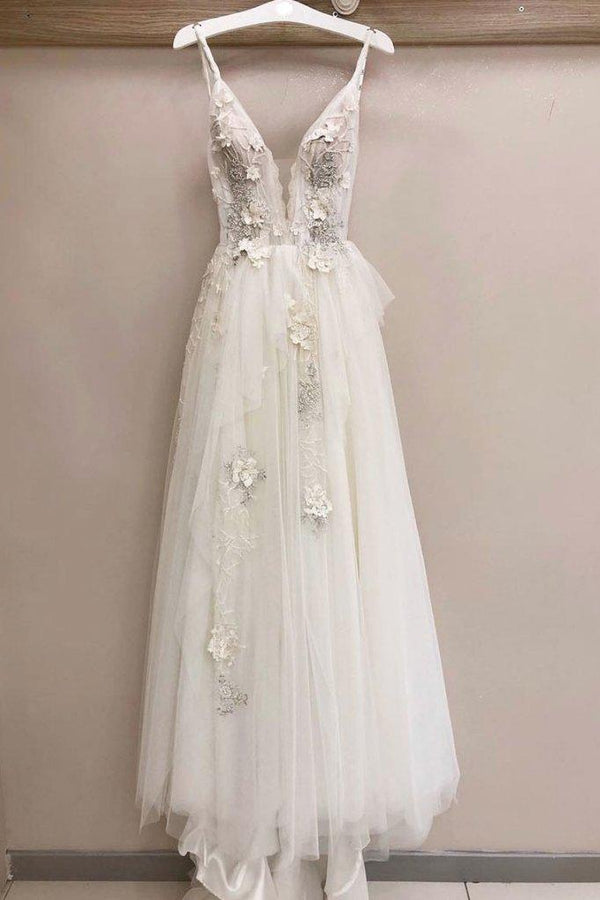 Long A-line Tulle V Neck Lace Applique Wedding Dress-showprettydress