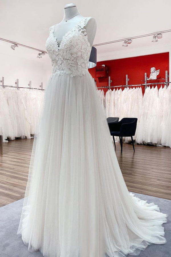 Long A-line Tulle V Neck Open Back Appliques Lace Wedding Dress-showprettydress
