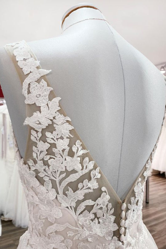 Long A-line Tulle V Neck Open Back Appliques Lace Wedding Dress-showprettydress