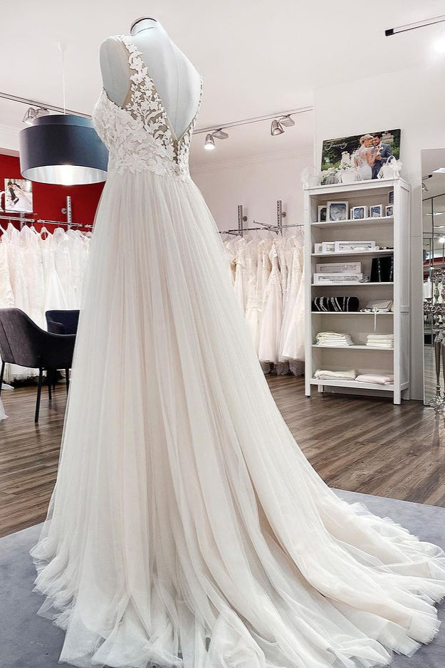 Long A-line Tulle V Neck Open Back Appliques Lace Wedding Dress-showprettydress
