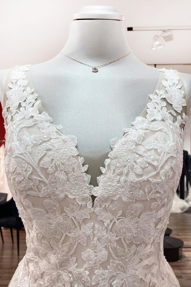 Long A-line Tulle V Neck Open Back Appliques Lace Wedding Dress-showprettydress