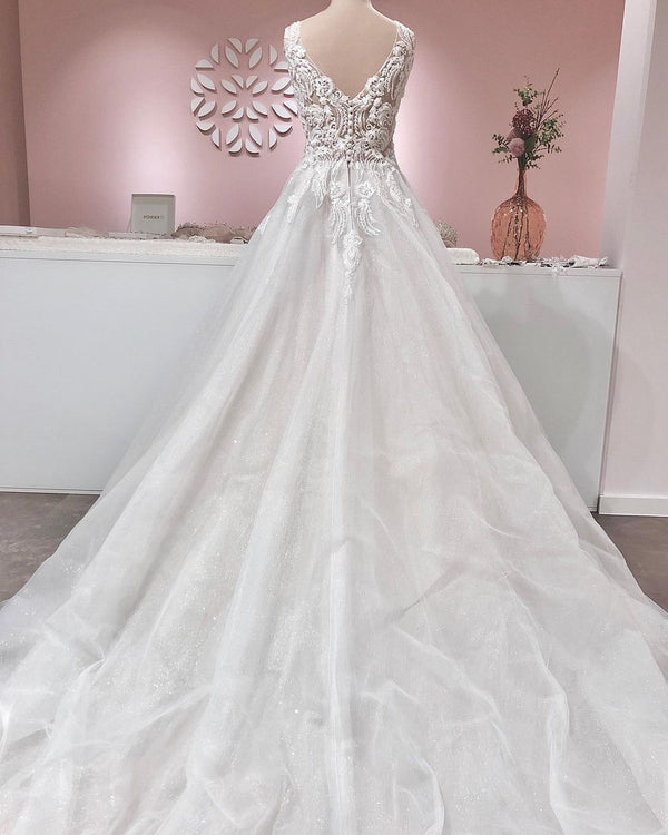 Long A-line V-neck Appliques Lace Backless Tulle Ruffles Wedding Dress-showprettydress