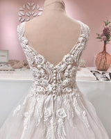 Long A-line V-neck Appliques Lace Backless Tulle Ruffles Wedding Dress-showprettydress