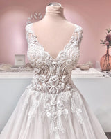 Long A-line V-neck Appliques Lace Backless Tulle Ruffles Wedding Dress-showprettydress