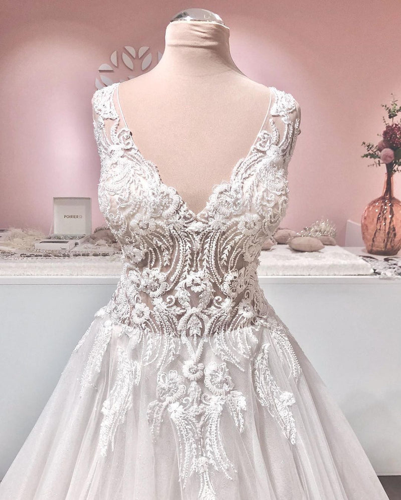 Long A-line V-neck Appliques Lace Backless Tulle Ruffles Wedding Dress-showprettydress