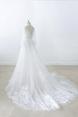 Long A-line V-neck Appliques Lace Tulle Backless Wedding Dress with Sleeves-showprettydress