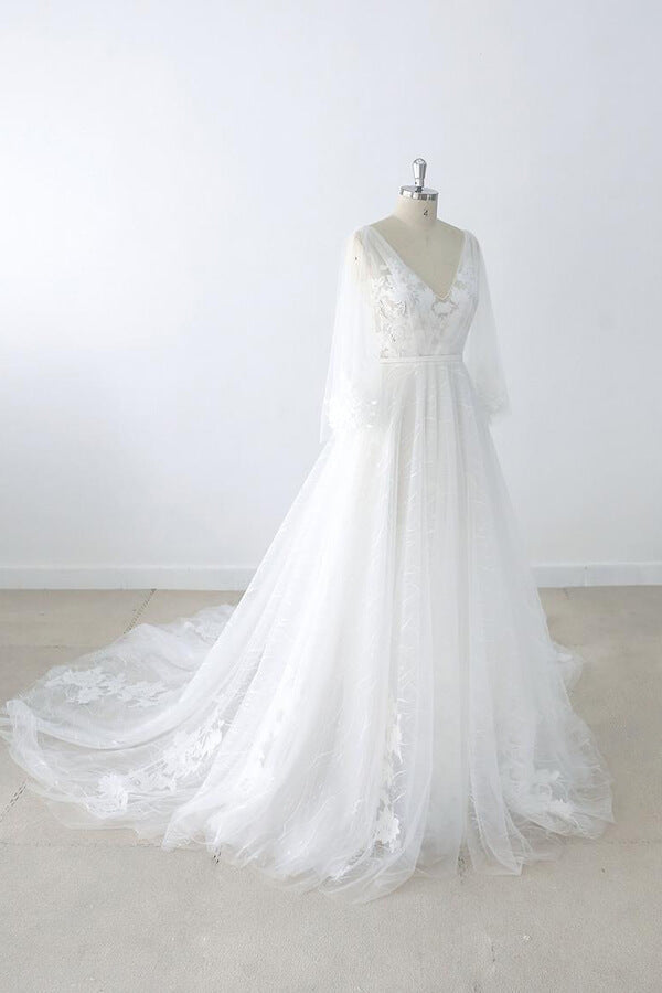Long A-line V-neck Appliques Lace Tulle Backless Wedding Dress with Sleeves-showprettydress
