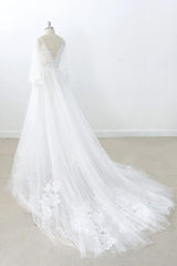 Long A-line V-neck Appliques Lace Tulle Backless Wedding Dress with Sleeves-showprettydress