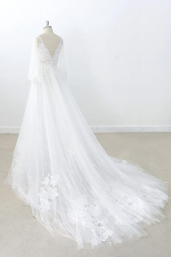 Long A-line V-neck Appliques Lace Tulle Backless Wedding Dress with Sleeves-showprettydress