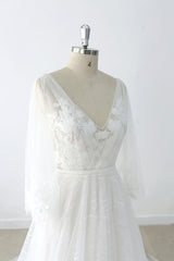 Long A-line V-neck Appliques Lace Tulle Backless Wedding Dress with Sleeves-showprettydress
