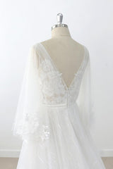 Long A-line V-neck Appliques Lace Tulle Backless Wedding Dress with Sleeves-showprettydress