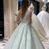 Long A-Line V-neck Appliques Lace Tulle Wedding Dress With Puffy Long Sleeves-showprettydress