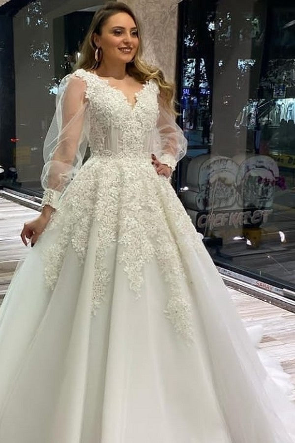 Long A-Line V-neck Appliques Lace Tulle Wedding Dress With Puffy Long Sleeves-showprettydress