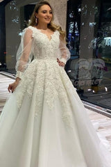 Long A-Line V-neck Appliques Lace Tulle Wedding Dress With Puffy Long Sleeves-showprettydress