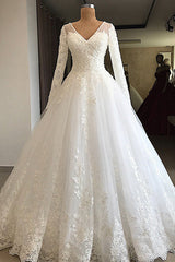 Long A-line V-neck Appliques Lace Tulle Wedding Dress with Sleeves-showprettydress