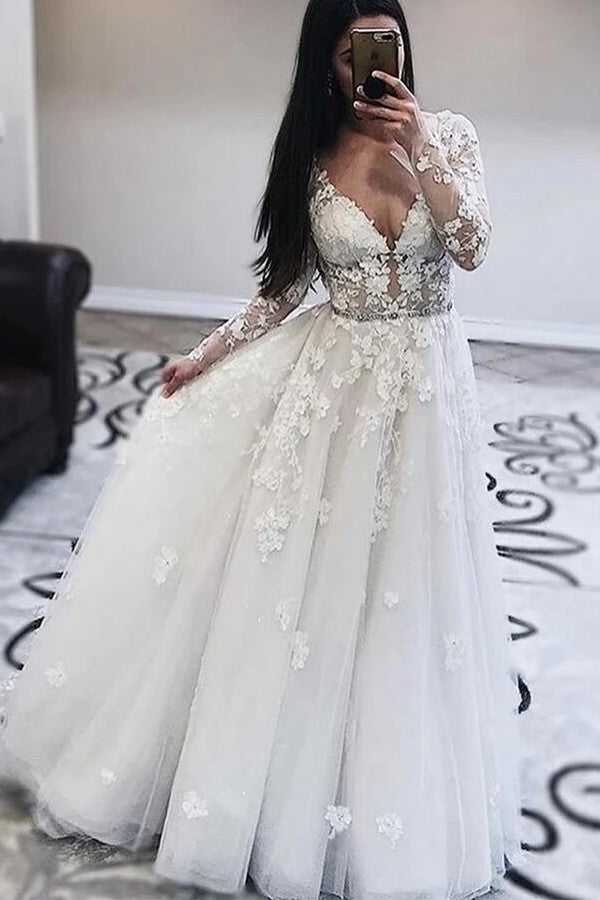 Long A-Line V-neck Appliques Lace Tulle Wedding Dress with Sleeves-showprettydress