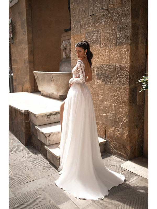 Long A-Line V Neck Chiffon Lace Backless Wedding Dresses with Sleeves-showprettydress