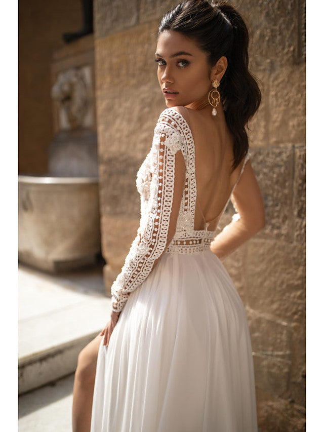 Long A-Line V Neck Chiffon Lace Backless Wedding Dresses with Sleeves-showprettydress