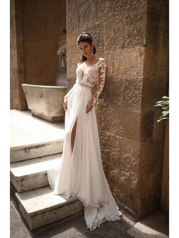 Long A-Line V Neck Chiffon Lace Backless Wedding Dresses with Sleeves-showprettydress