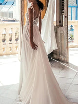 Long A-Line V-neck Chiffon Lace See-Through Wedding Dresses with Slit-showprettydress