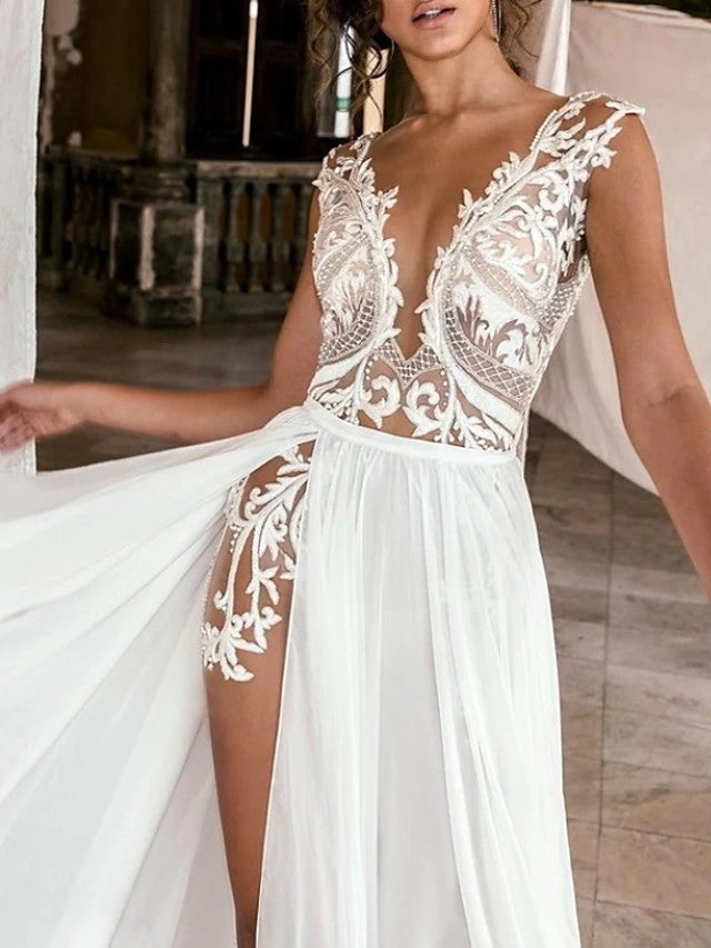 Long A-Line V-neck Chiffon Lace See-Through Wedding Dresses with Slit-showprettydress