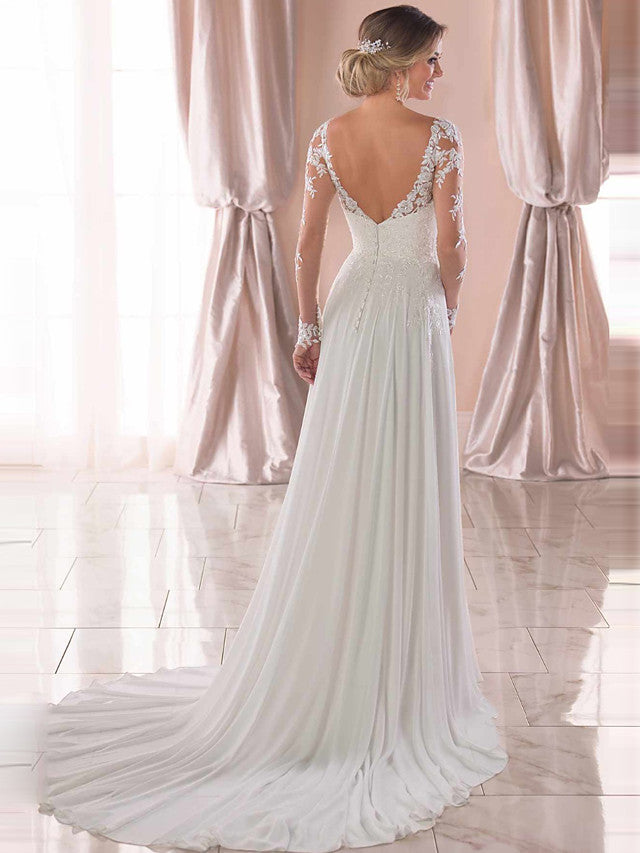 Long A-Line V Neck Chiffon Satin Backless Wedding Dresses with Sleeves-showprettydress