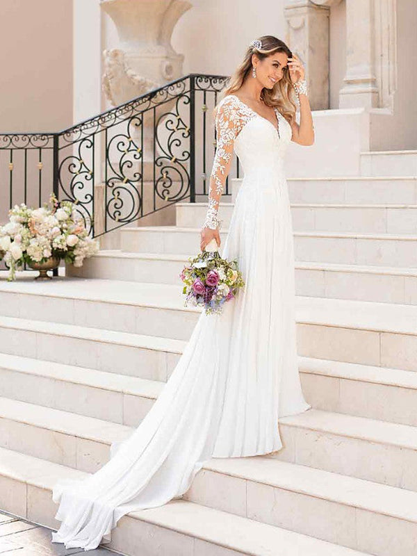 Long A-Line V Neck Chiffon Satin Backless Wedding Dresses with Sleeves-showprettydress