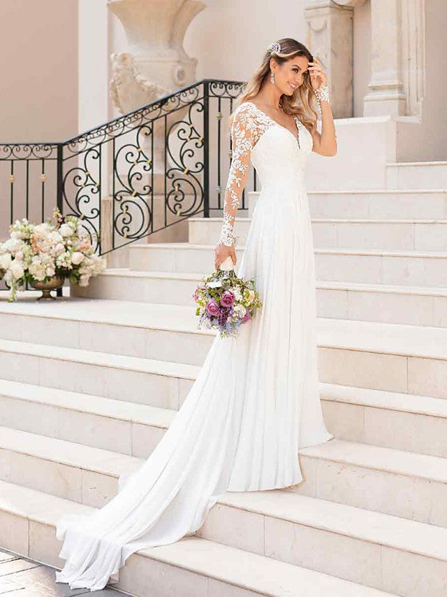 Long A-Line V Neck Chiffon Satin Backless Wedding Dresses with Sleeves-showprettydress