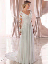 Long A-Line V Neck Chiffon Satin Backless Wedding Dresses with Sleeves-showprettydress