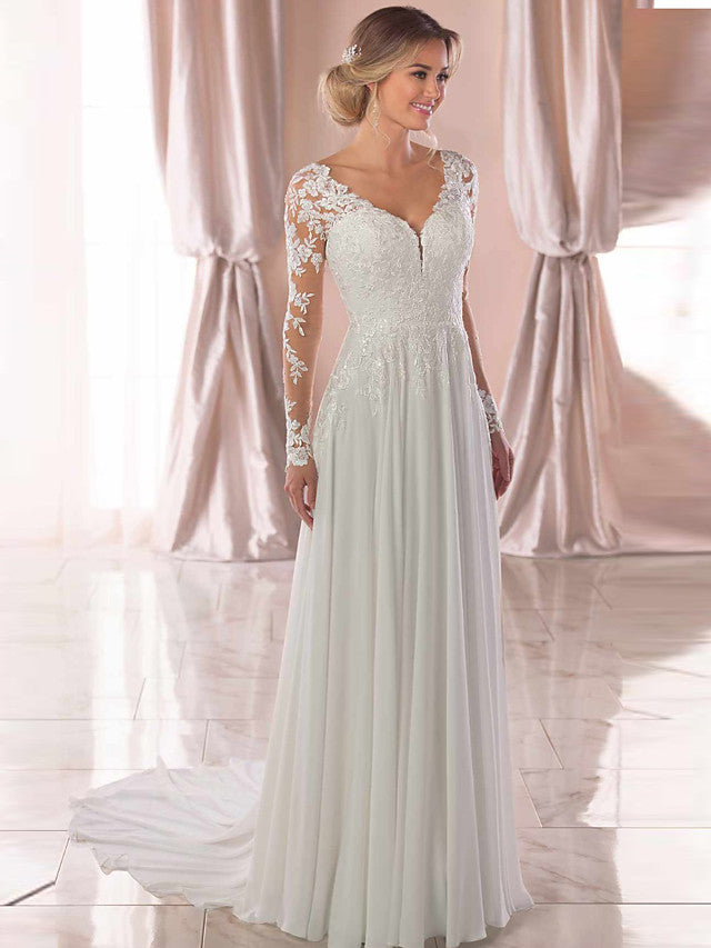 Long A-Line V Neck Chiffon Satin Backless Wedding Dresses with Sleeves-showprettydress