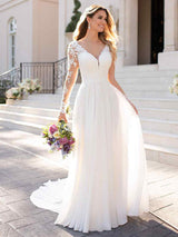 Long A-Line V Neck Chiffon Satin Backless Wedding Dresses with Sleeves-showprettydress