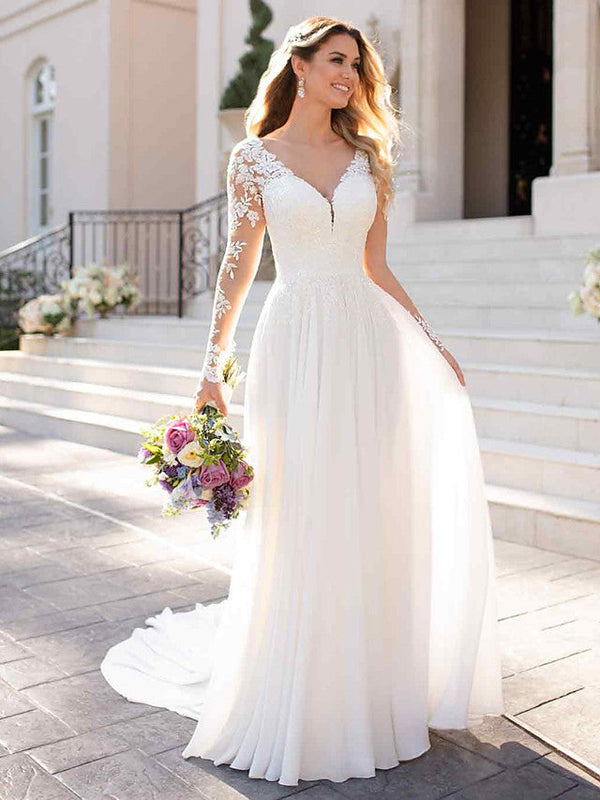 Long A-Line V Neck Chiffon Satin Backless Wedding Dresses with Sleeves-showprettydress