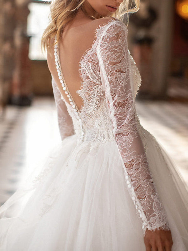 Long A-Line V Neck Court Train Lace Tulle Backless Wedding Dresses with Sleeves-showprettydress