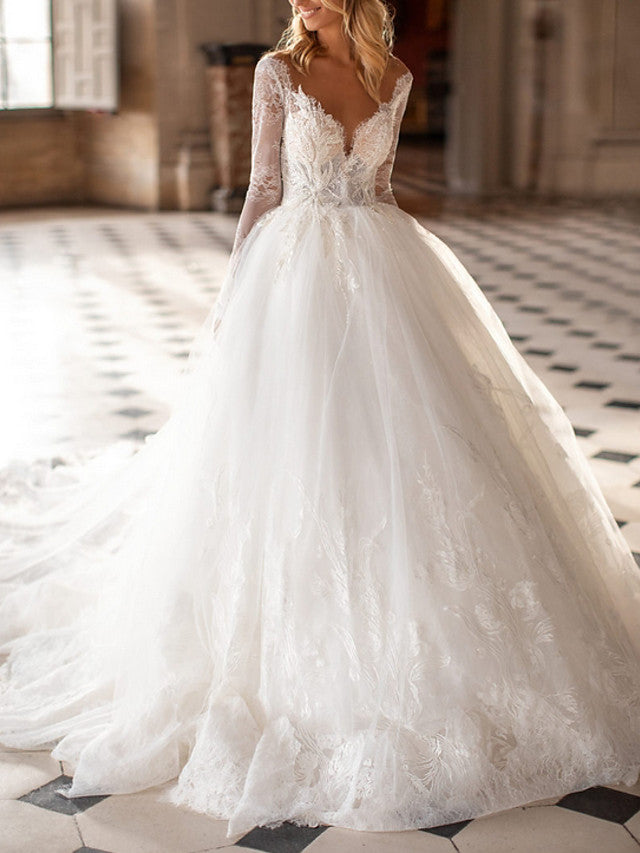 Long A-Line V Neck Court Train Lace Tulle Backless Wedding Dresses with Sleeves-showprettydress