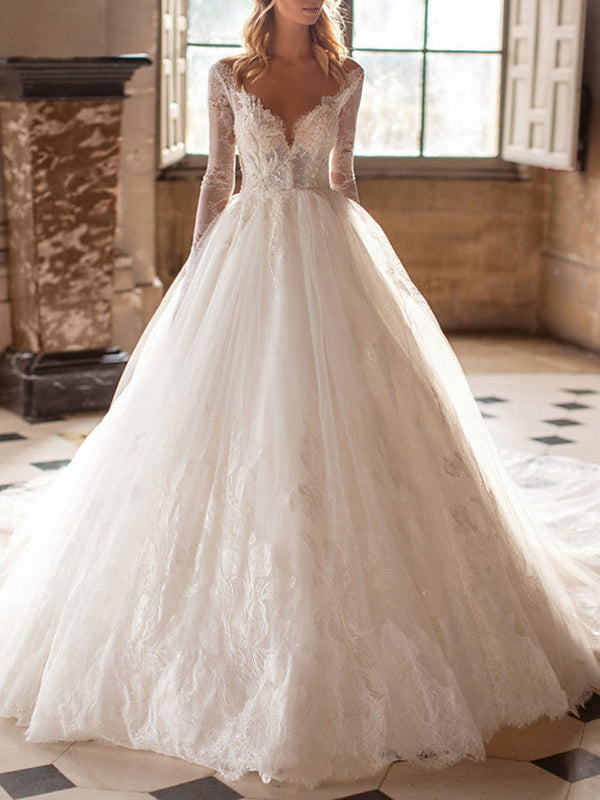 Long A-Line V Neck Court Train Lace Tulle Backless Wedding Dresses with Sleeves-showprettydress