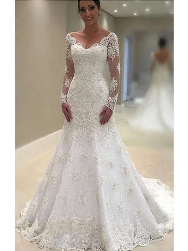 Long A-Line V Neck Court Train Lace Tulle Wedding Dresses with Sleeves-showprettydress