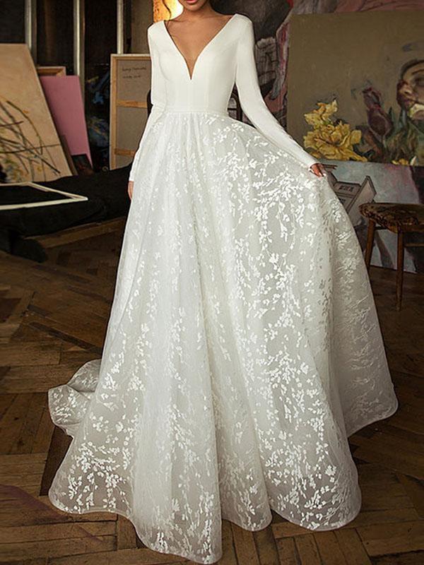 Long A-Line V-Neck Covered Button Satin Lace Wedding Dresses with Sleeves-showprettydress
