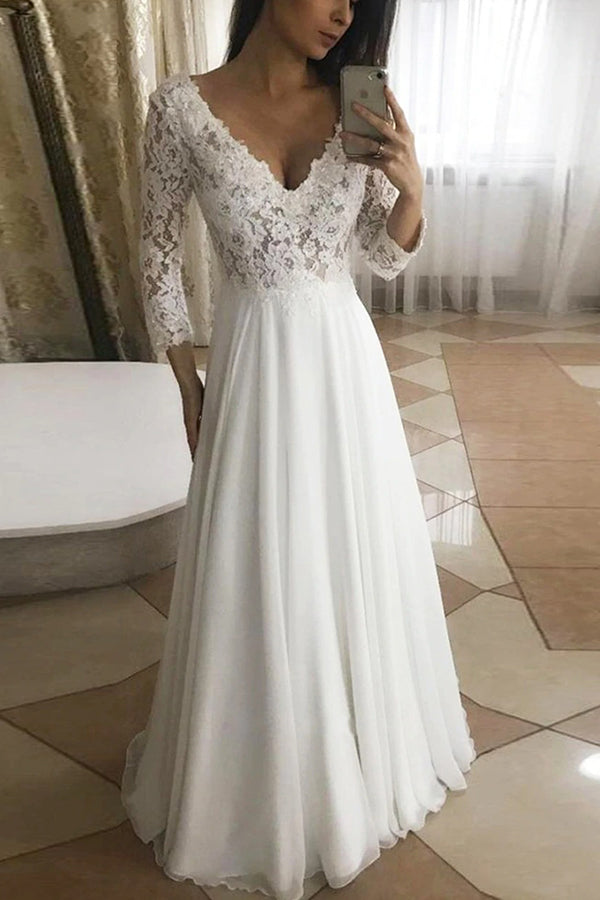 Long A-line V-neck Floeal Lace Wedding Dress with sleeves-showprettydress