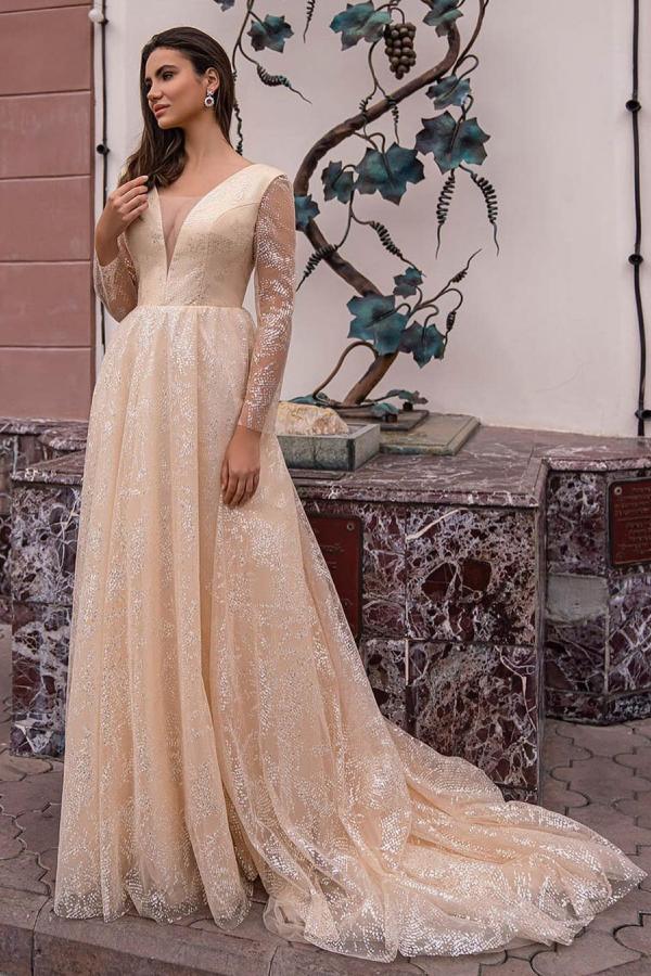 Long A-line V-neck Glitter Lace Wedding Dress with Sleeves-showprettydress