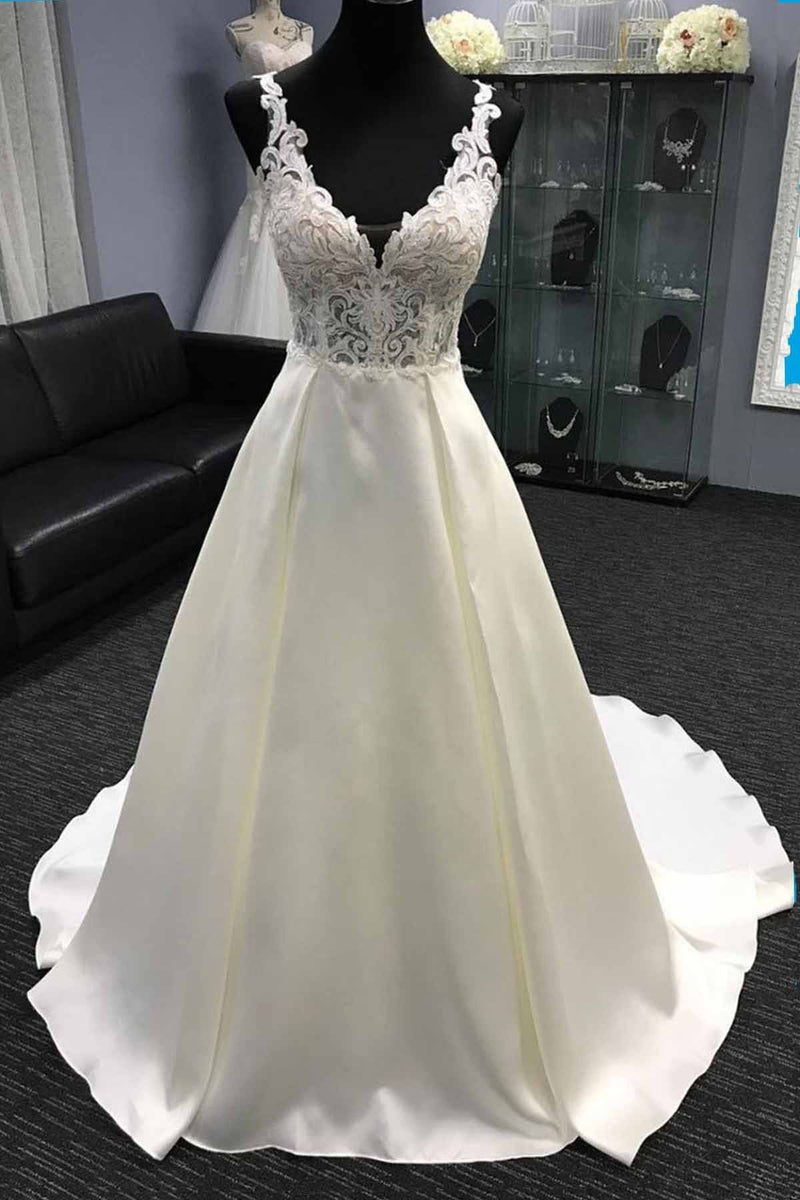 Long A-Line V Neck Halter Satin Wedding Dress-showprettydress
