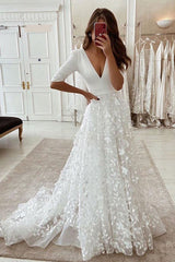 Long A-line V-neck Lace Front Slit Wedding Dress with Sleeves-showprettydress