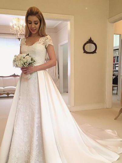 Long A-Line V-Neck Lace Satin Wedding Dresses with Sleeves-showprettydress