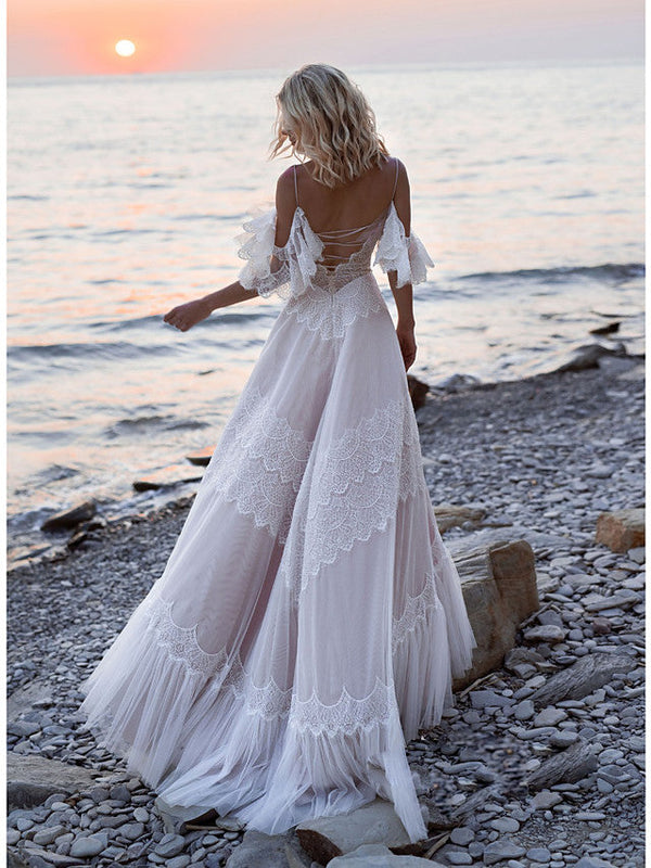 Long A-Line V Neck Lace Tulle Backless Wedding Dresses with Sleeves-showprettydress