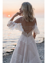 Long A-Line V Neck Lace Tulle Backless Wedding Dresses with Sleeves-showprettydress